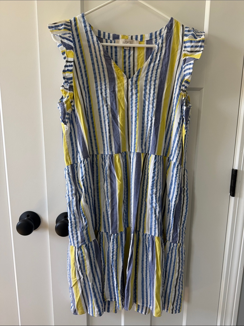 LOFT Striped Tiered Midi Dress in Blue, White & Yellow